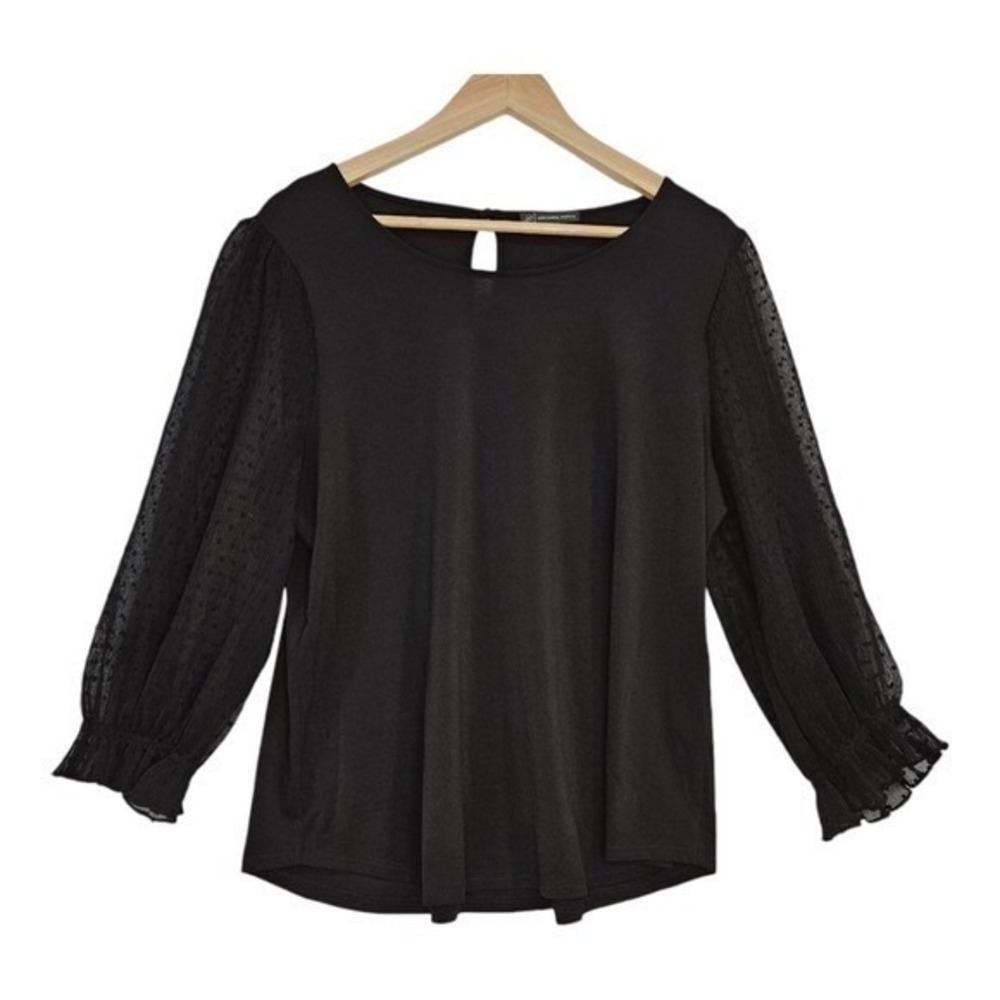 Adrianna Papell Sheer Mesh Dot Sleeve Blouse L Black‎ Ruffle Dressy Goth